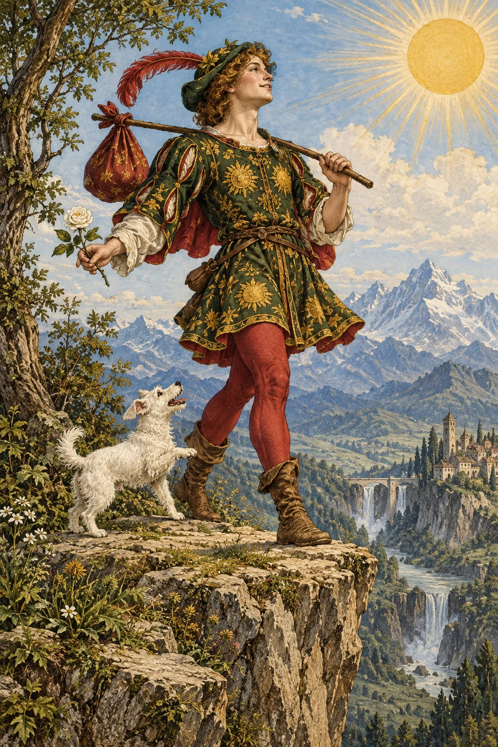 O Louco junto ao penhasco, com uma rosa branca e um pequeno cão, em uma releitura ilustrada do Tarot de Waite.