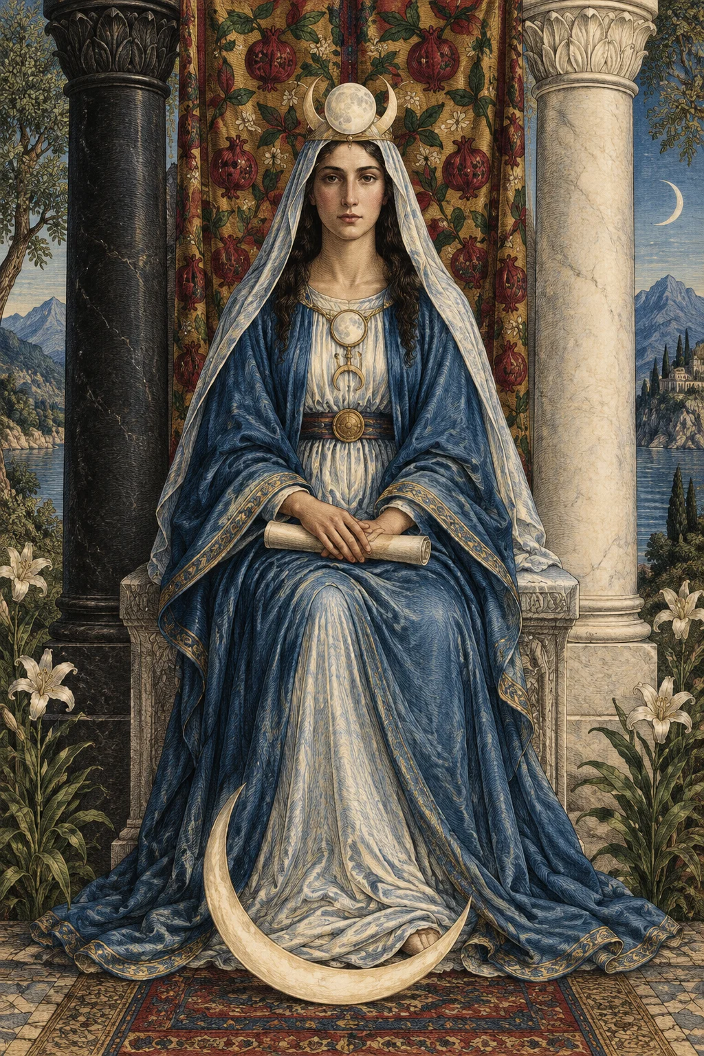 A Sacerdotisa entre dois pilares, com um pergaminho e uma lua crescente, em uma releitura ilustrada do Tarot de Waite.