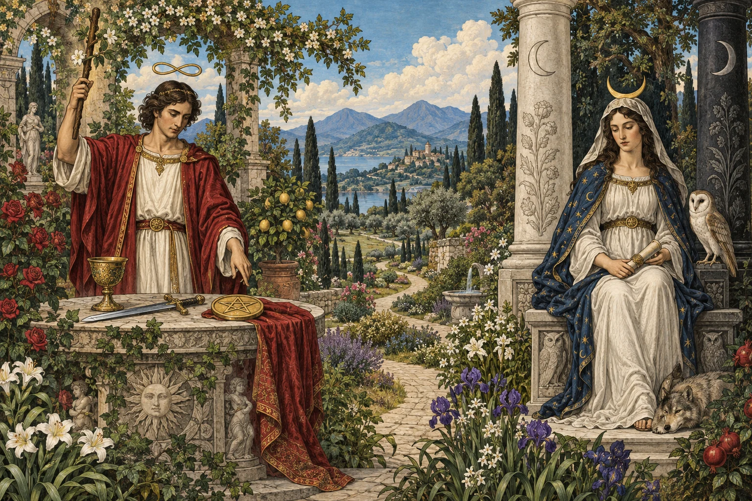 O Mago e a Sacerdotisa em um jardim ilustrado, entre instrumentos simbólicos e pilares de pedra.