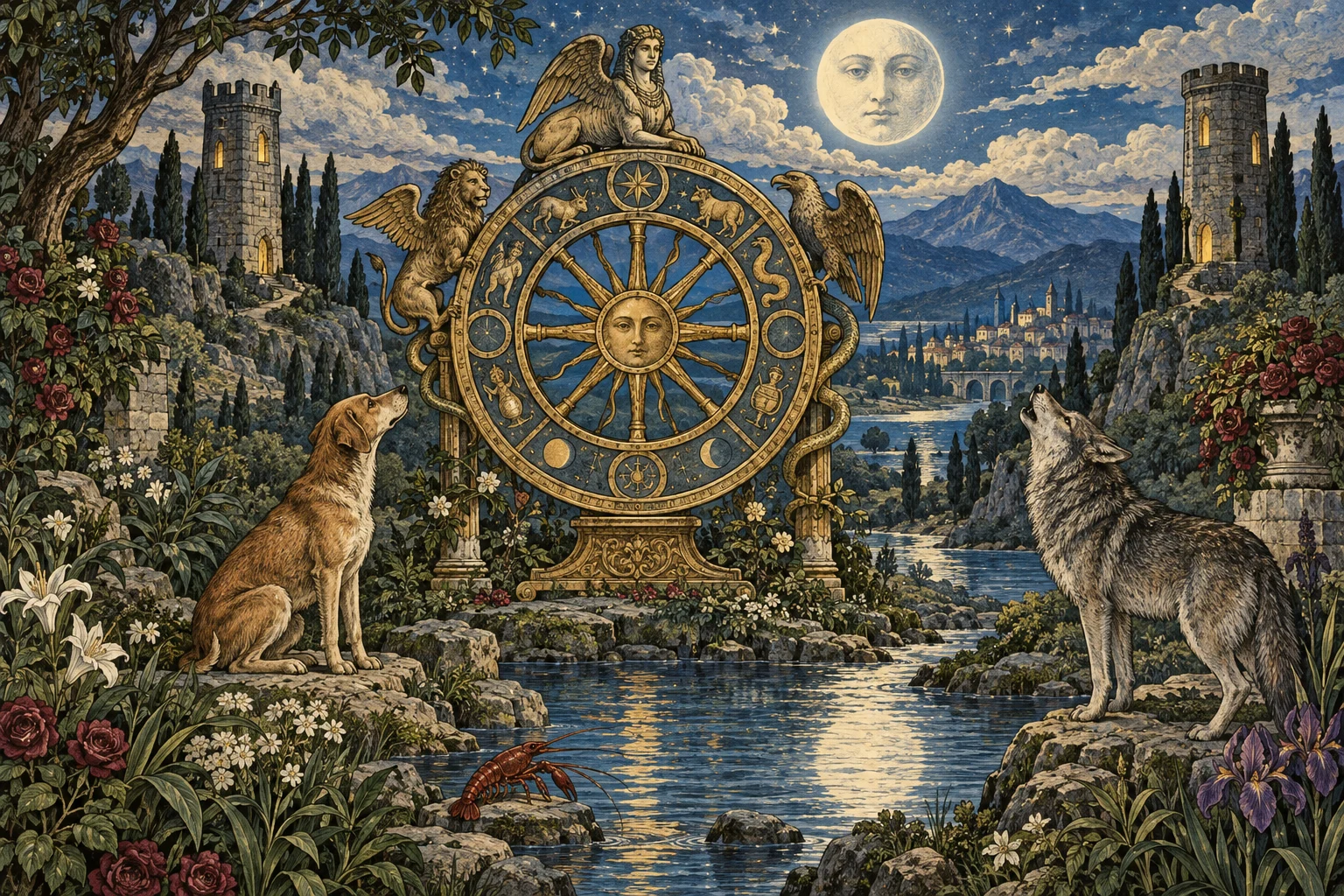 A Lua ilumina a Roda da Fortuna entre torres e um caminho de água.