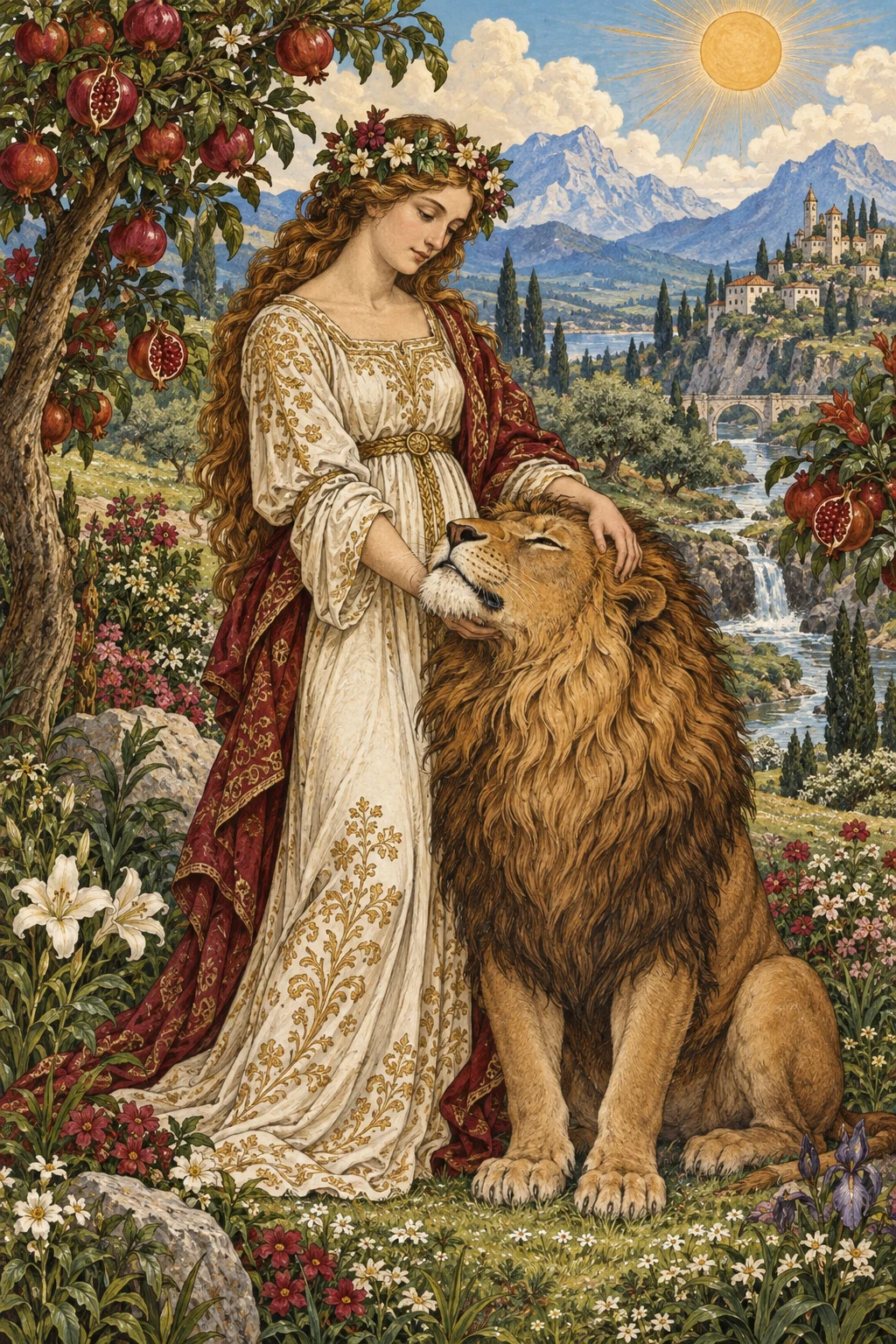 A Força: uma mulher acolhe um leão com serenidade em um jardim florido.