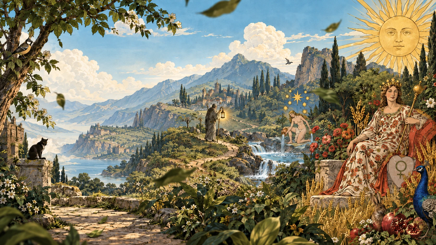 Jardim ilustrado do Tarot: a Imperatriz entre flores, o Eremita com sua lanterna e a Estrela junto à água, diante das montanhas e do Sol.